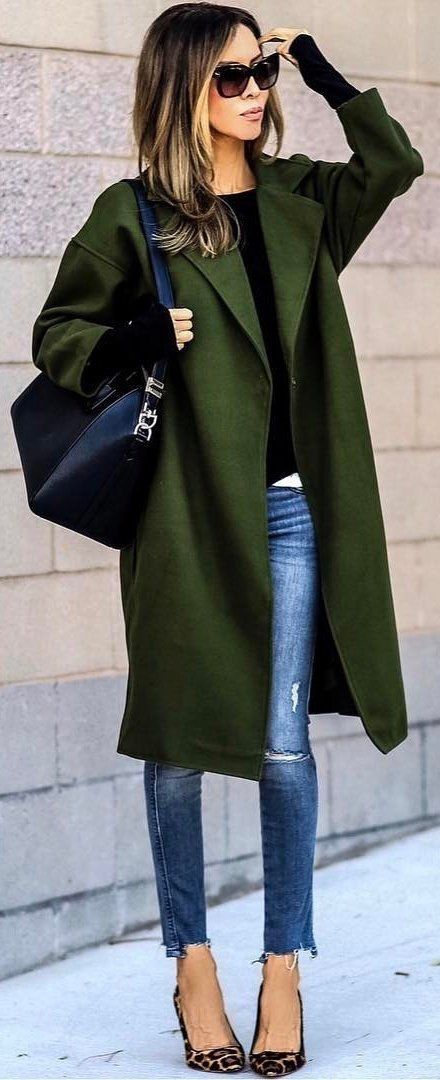 green coats with jeans